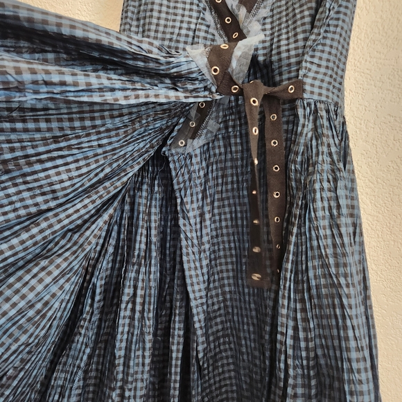 Free People Women's Sz. 6 Black & Blue Gingham Plaid Silk Wrap Dress - Picture 5 of 13